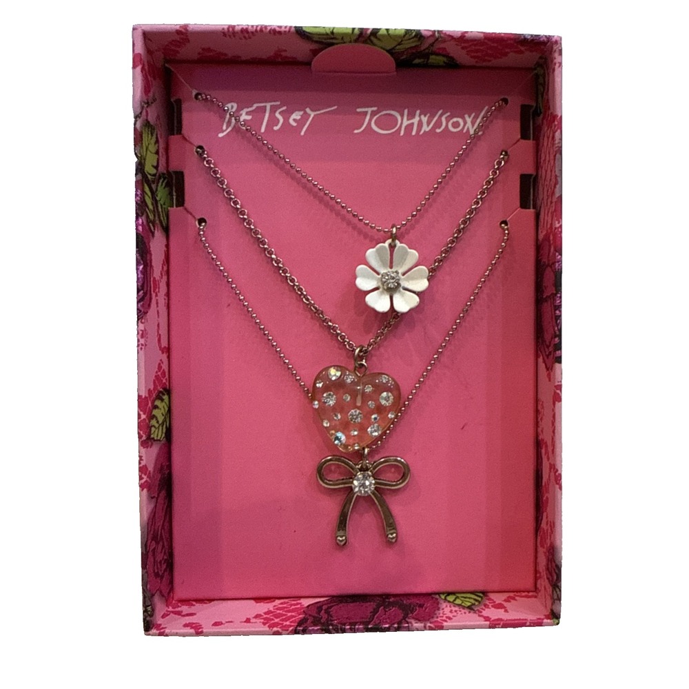 Betsey Johnson Layered Necklace Set Flower Heart Bow Silver Tone Pink B14030-S01